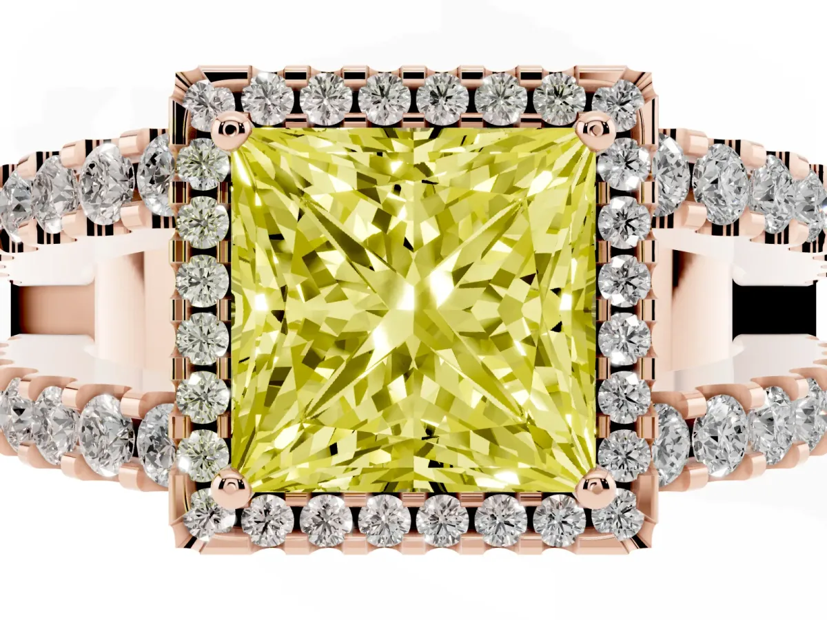 Fancy Yellow Princess Cut Cut Halo Split Shank Diamond Ring with Four-Prong Setting Rose gold