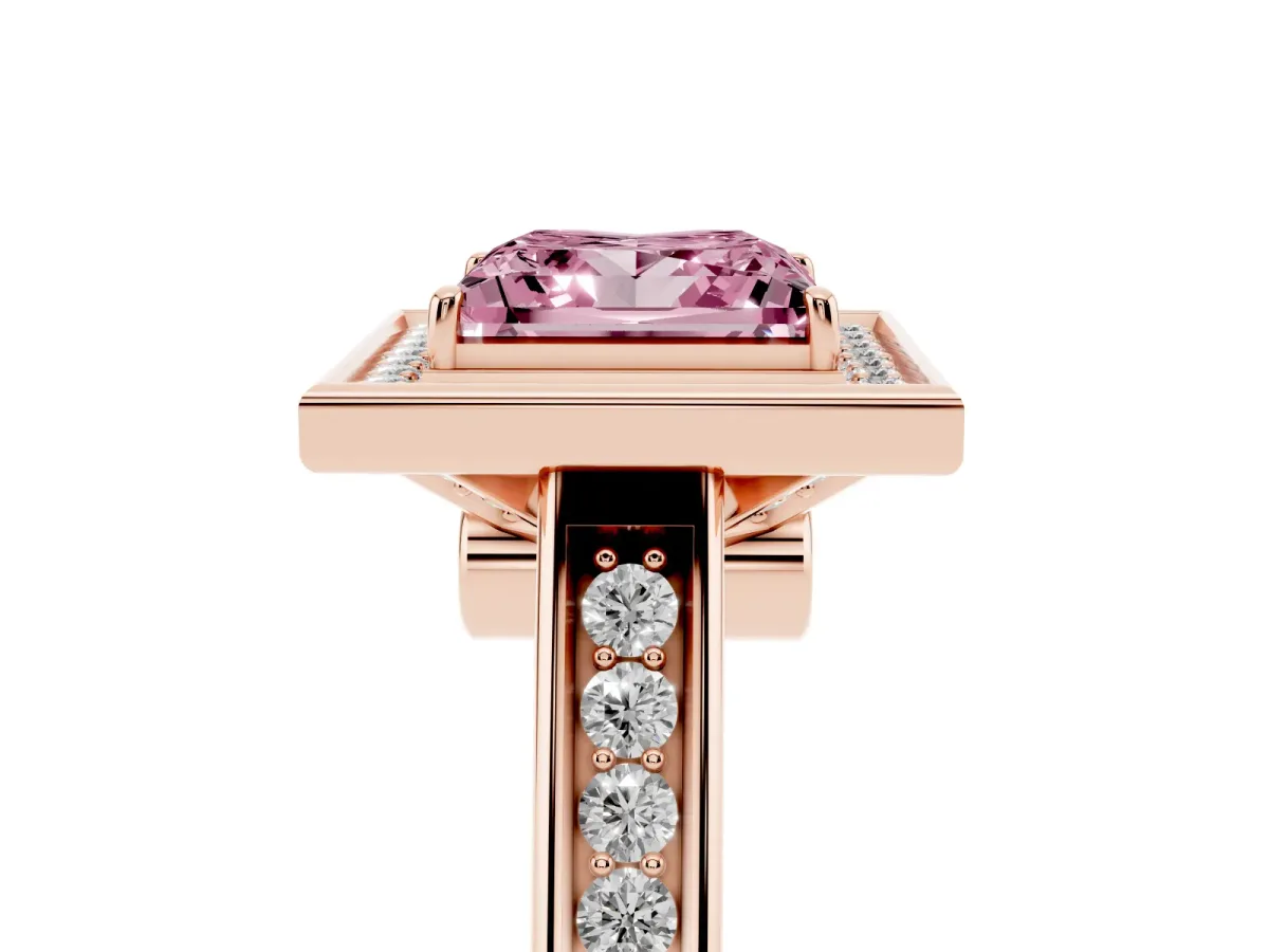 Fancy Pink Princess Cut Halo Solitaire Diamond Ring with Pave Band and Bezel Setting Rose gold