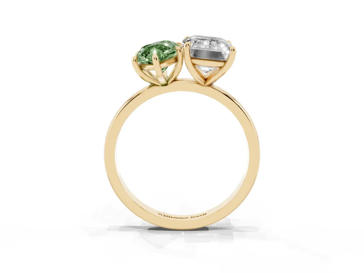 Fancy Green Marquise Cut and Emerald Cut Toi Moi Ring with Prong Setting Yellow gold