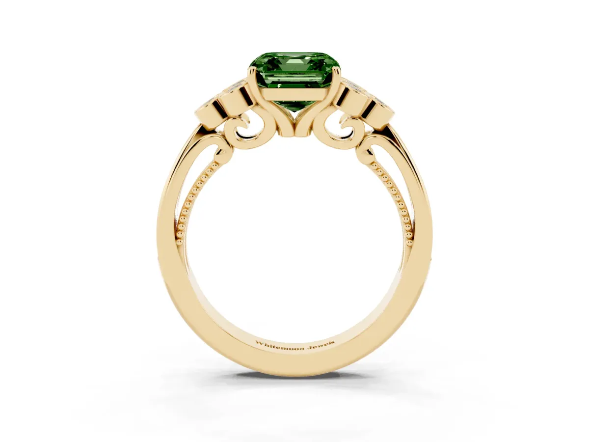 Fancy Green Asscher Cut Cut Diamond Engagement Ring with Bezel Set Round Side Stones and Prong Setting Yellow gold