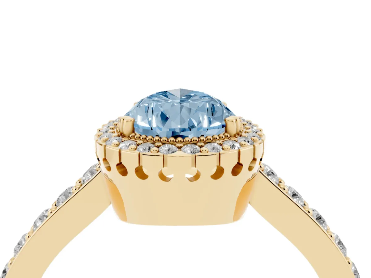 Fancy Blue Pear Cut Cut Diamond Halo Engagement Ring with Milgrain Detail and Pavé Band Yellow gold