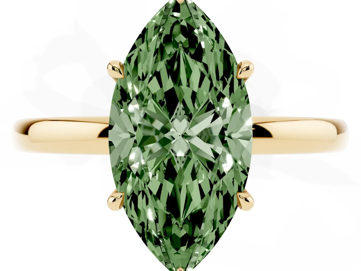 Fancy Green Marquise Cut Solitaire Engagement Ring with Cathedral Band and Four-Prong Setting Yellow gold