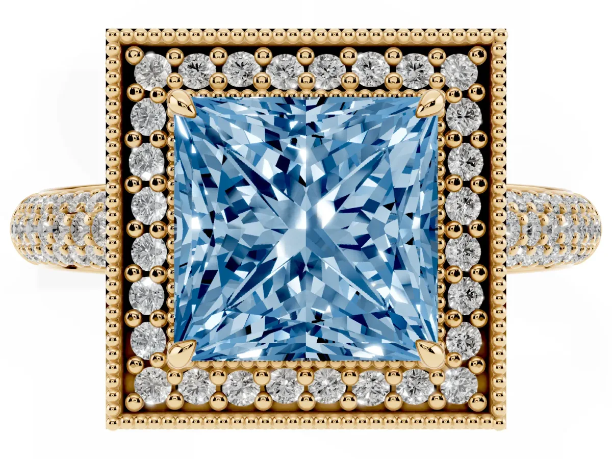 Fancy Blue Princess Cut Cut Halo Diamond Pave Band with Four-Prong Setting Yellow gold