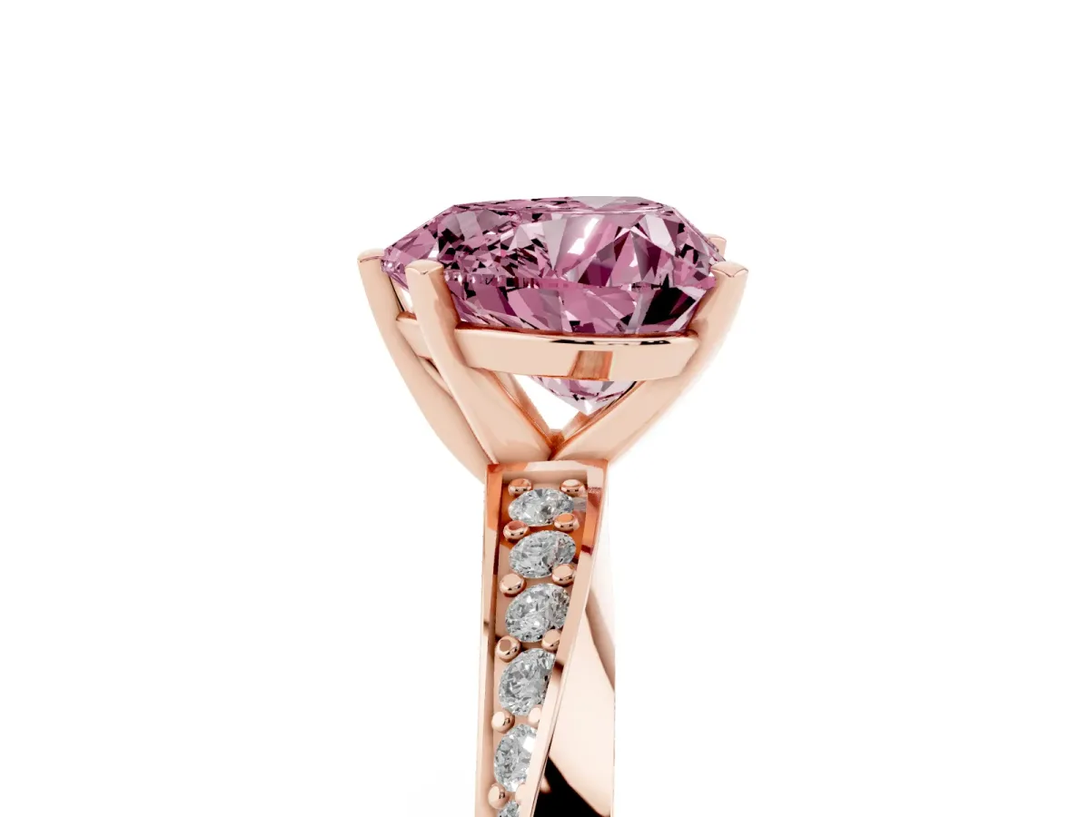 Fancy Pink Heart Cut Diamond Engagement Ring with Side Stone Accents and Four-Prong Setting Rose gold