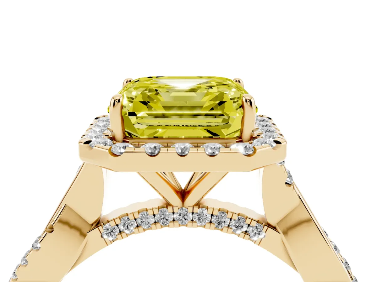 Fancy Yellow Asscher Cut Halo Twist Band Solitaire Ring Yellow gold