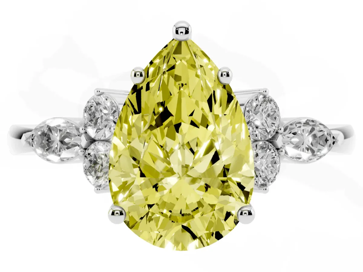 Fancy Yellow Pear Cut Brilliant Diamond Solitaire Ring with Pear Side Stones and Four-Prong Setting Silver