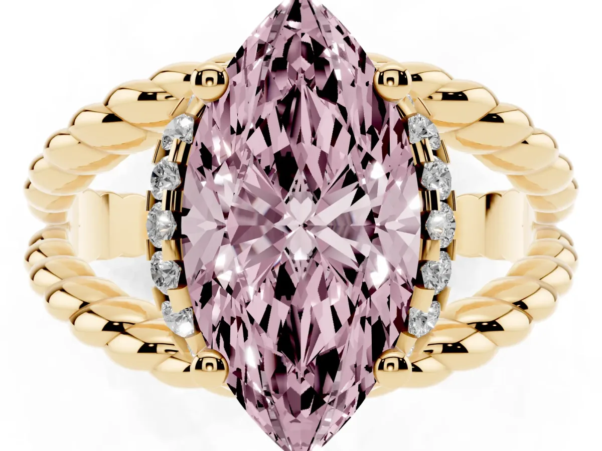Fancy Pink Marquise Cut Halo Twisted Band Four-Prong Ring Yellow gold