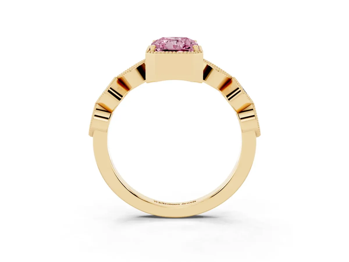 Fancy Pink Radiant Cut Diamond Vintage Milgrain Ring with Round Stations Yellow gold