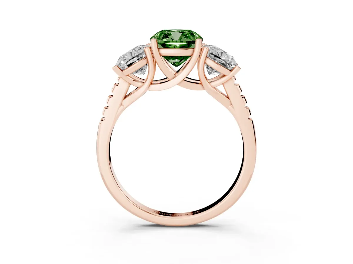 Fancy Green Three-Stone Cushion Cut Diamond Ring with Round Pavé Band and Prong Setting Rose gold