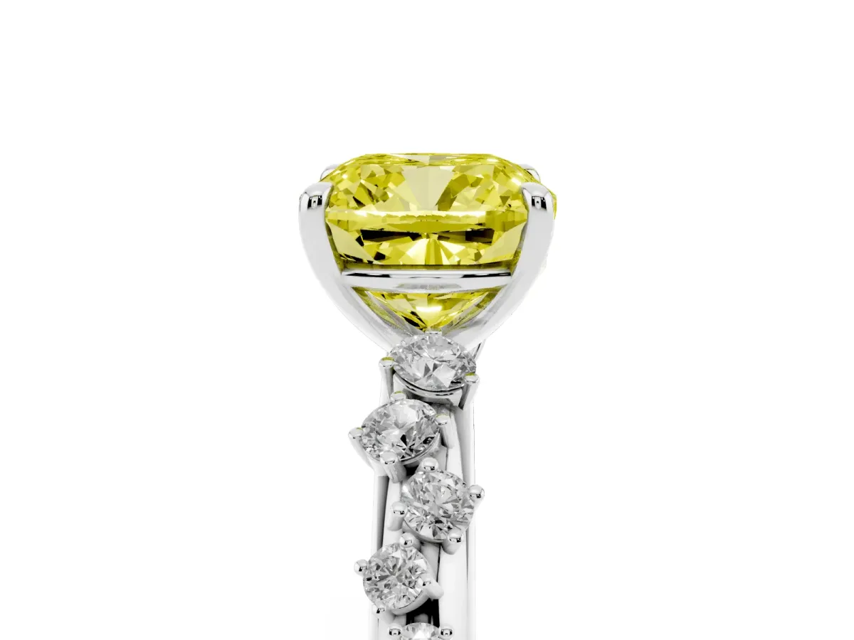 Fancy Yellow Cushion Cut Diamond Cluster Prong-Set Solitaire Ring Silver