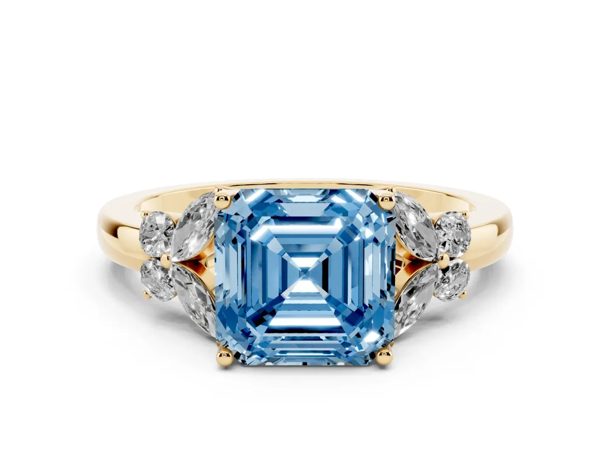 Fancy Blue Asscher Cut Cut Solitaire Floral Diamond Ring with Four-Prong Setting Yellow gold