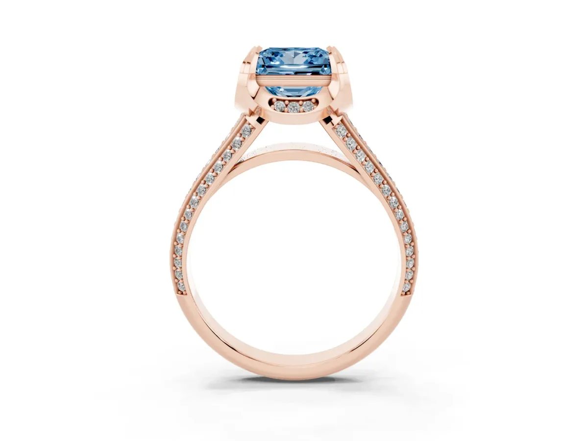 Fancy Blue Princess Cut Solitaire Pave Split Shank Ring with Four-Prong Setting Rose gold