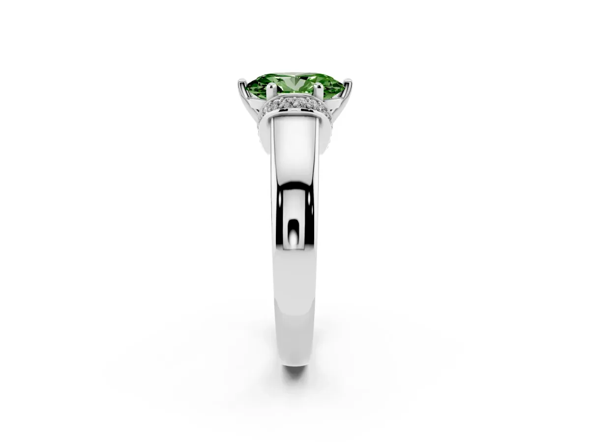 Fancy Green Oval Cut Solitaire Diamond Ring with Pave Band and Six-Prong Setting Silver