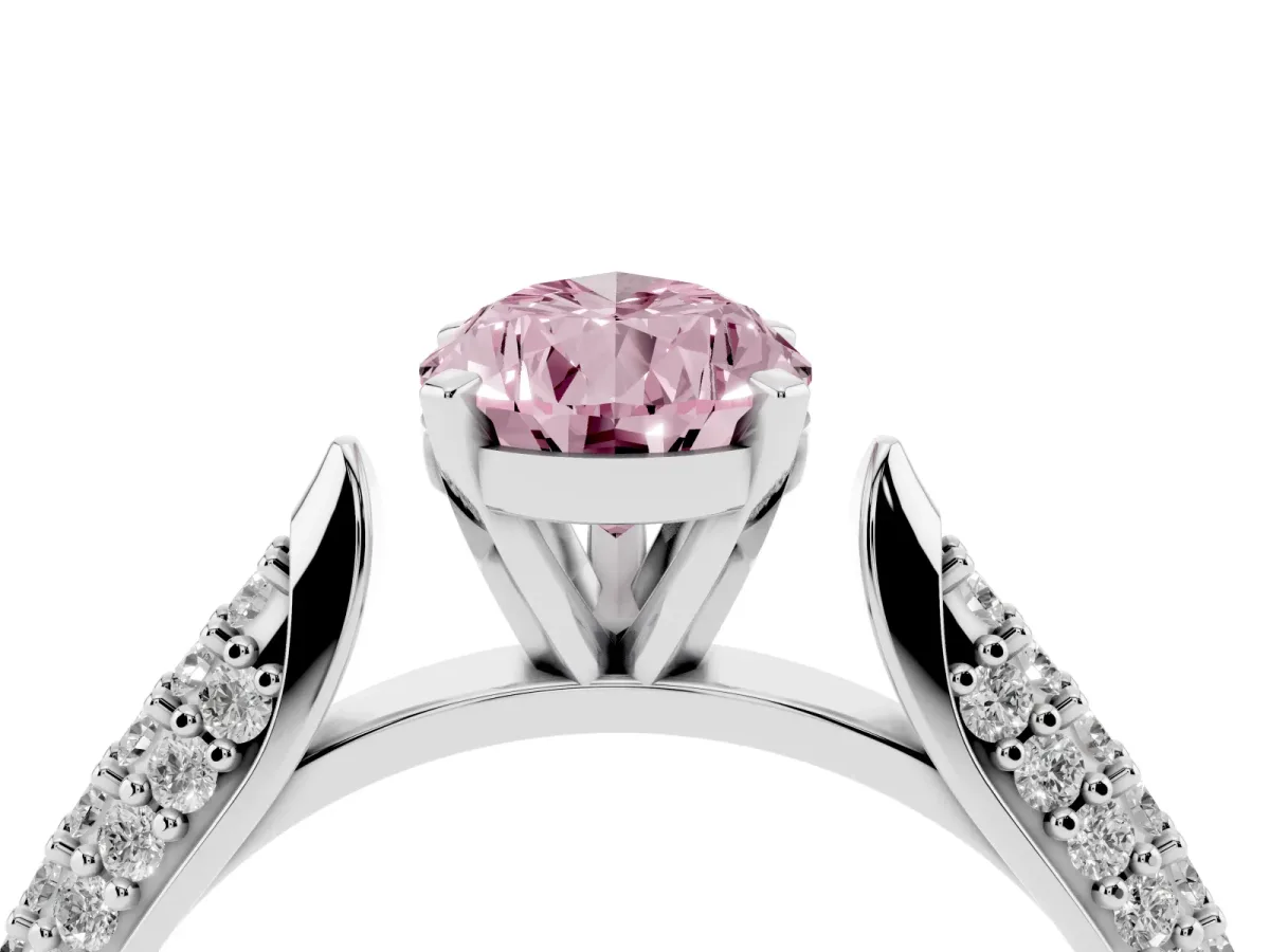 Fancy Pink Pear Cut Diamond Solitaire Engagement Ring with Multi-Row Round Pavé Band and Prong Setting Silver
