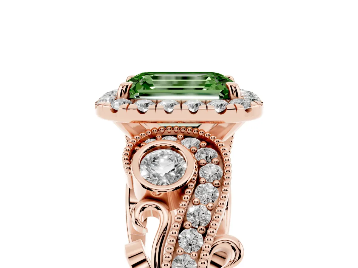 Fancy Green Emerald Cut Halo Diamond Ring with Milgrain and Bezel Accents on a Split Shank Band Rose gold