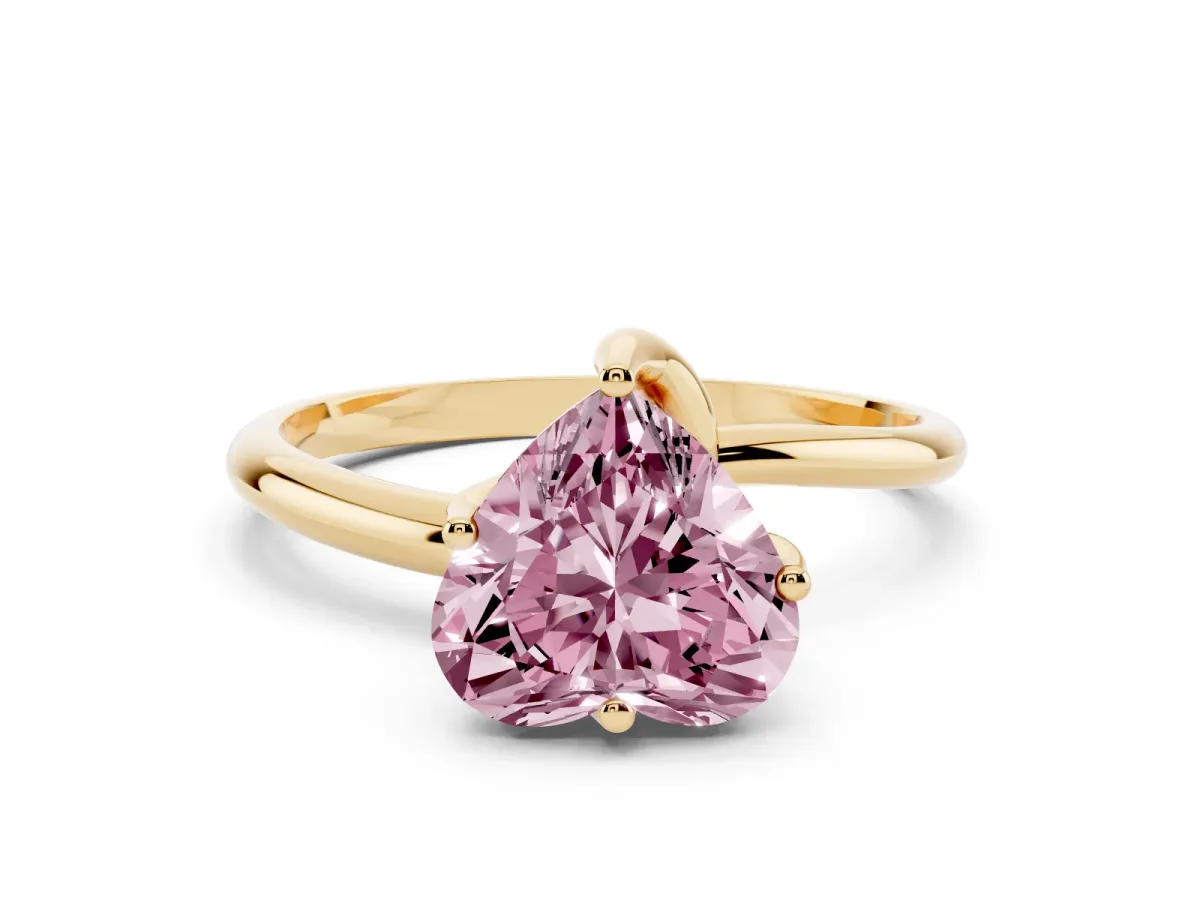Fancy Pink Heart Cut Diamond Solitaire Engagement Ring with Four-Prong Setting and Classic Band Yellow gold