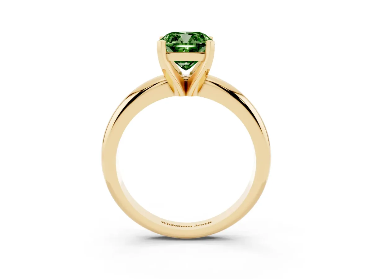 Fancy Green Cushion Cut Diamond Solitaire Engagement Ring with Round Band and Four-Prong Setting Yellow gold