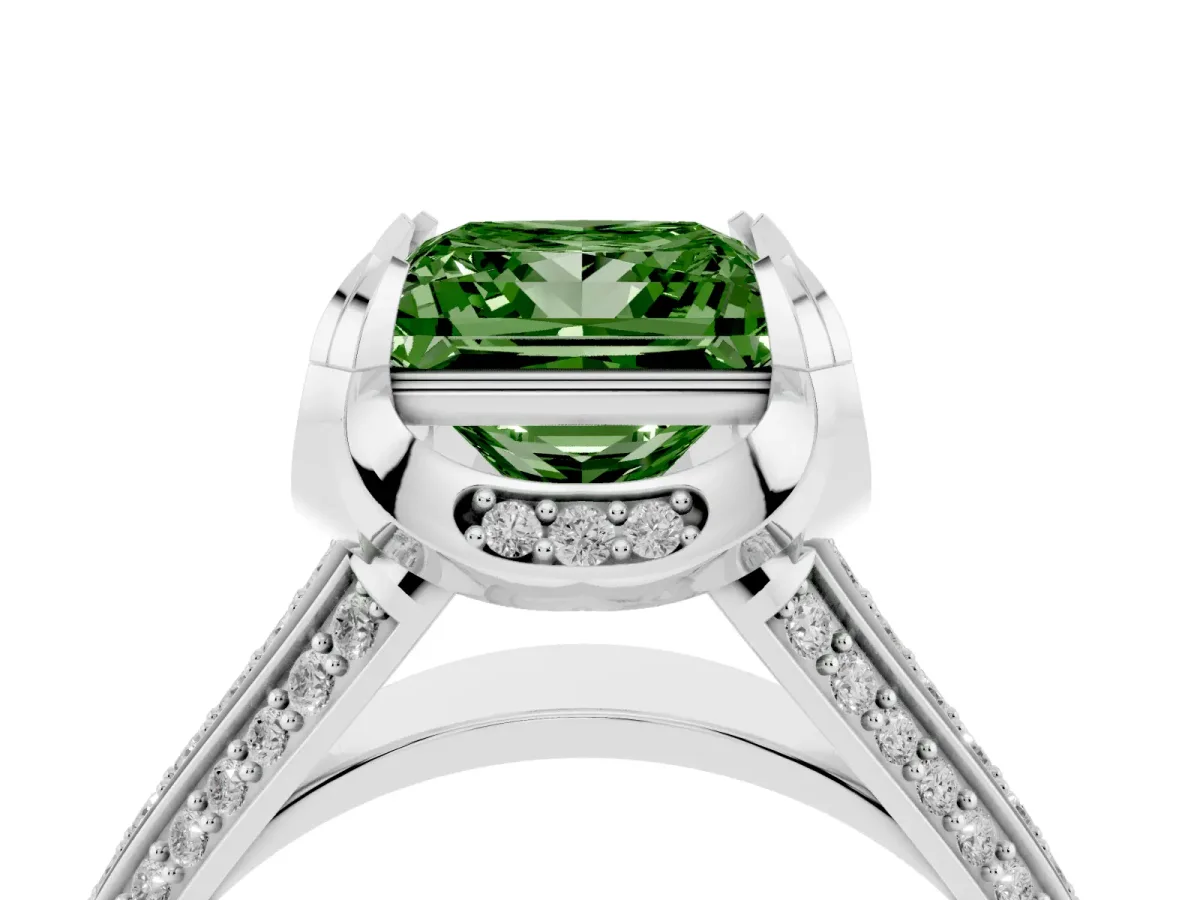 Fancy Green Princess Cut Solitaire Pave Split Shank Ring with Four-Prong Setting Silver