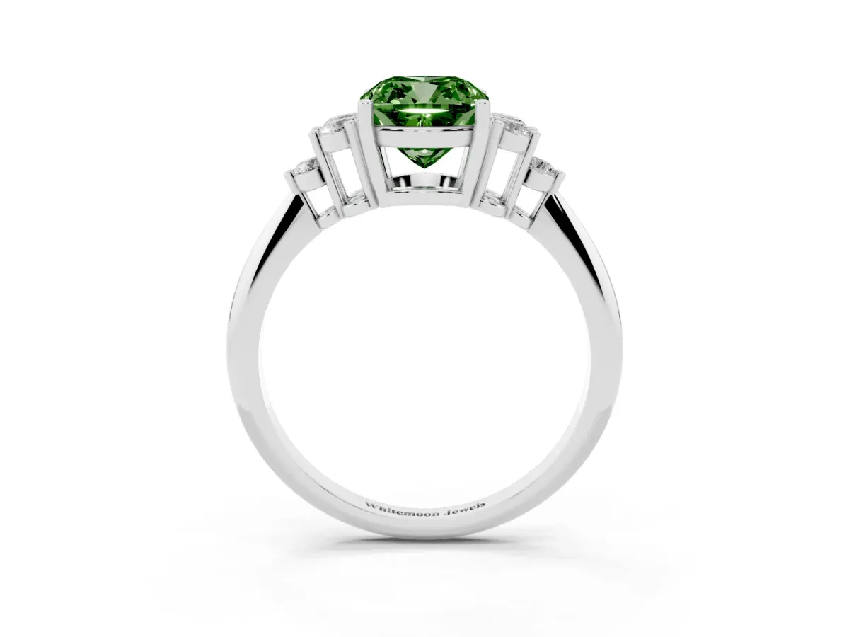 Fancy Green Cushion Cut Cut Diamond Cluster Ring with Solitaire Band and Four-Prong Setting Silver