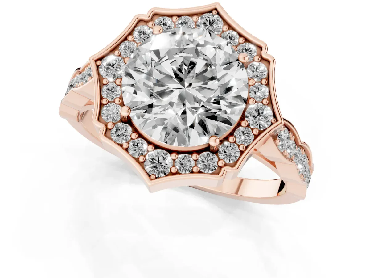 Round Cut Halo Diamond Engagement Ring with Milgrain Band and Four-Prong Setting Rose gold