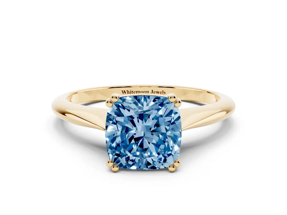 Fancy Blue Cushion Cut Solitaire Diamond Ring with Six-Prong Setting and Classic Band Yellow gold