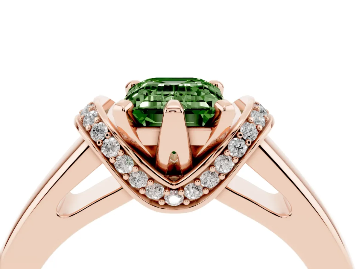Fancy Green Emerald Cut Solitaire Diamond Ring with Pave Band and Six-Prong Setting Rose gold