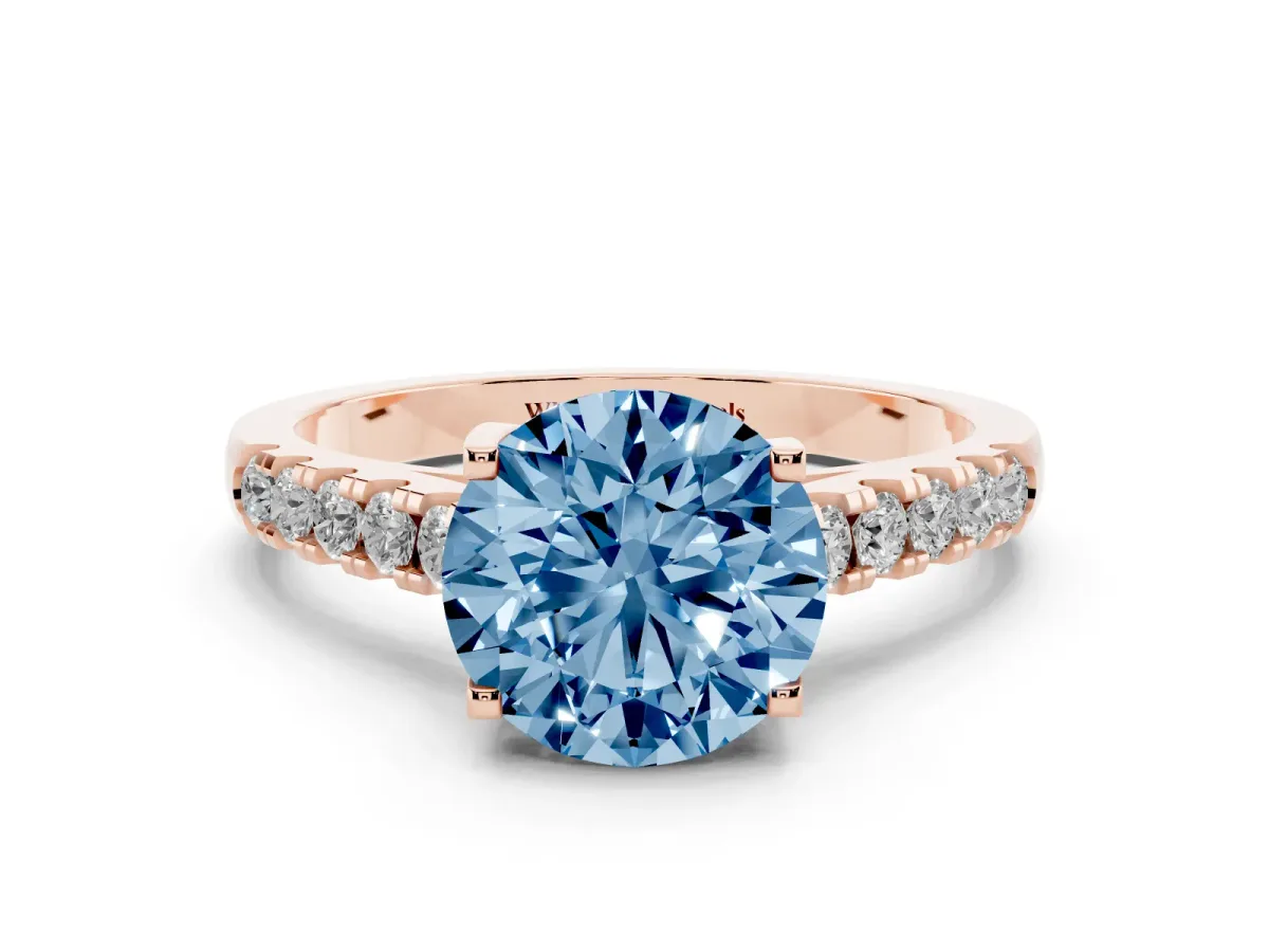 Fancy Blue Round Cut Diamond Pavé Band Solitaire Ring with Prong Setting Rose gold