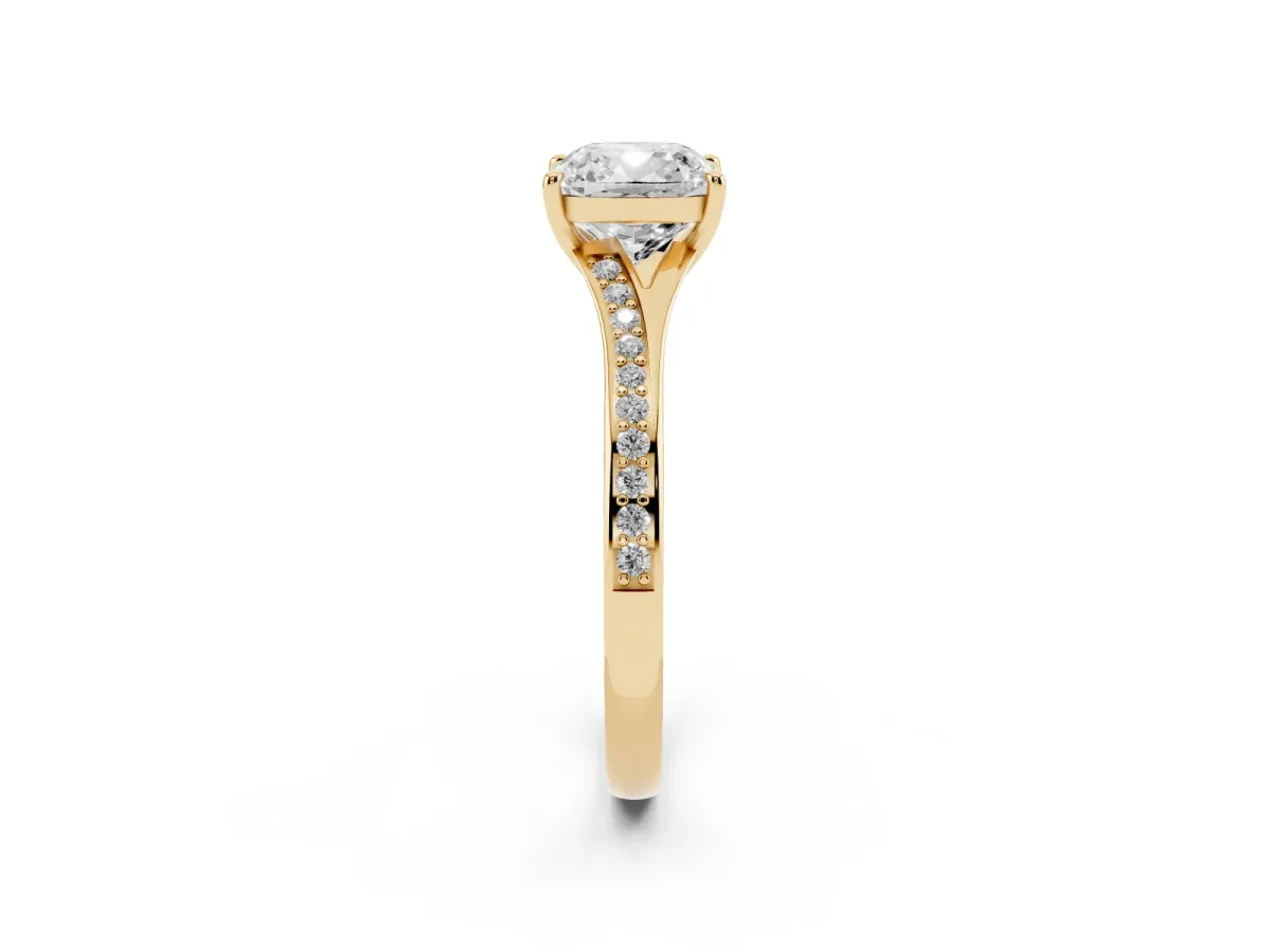 Cushion Cut Diamond Solitaire Ring with Pavé Band and Prong Setting Yellow gold
