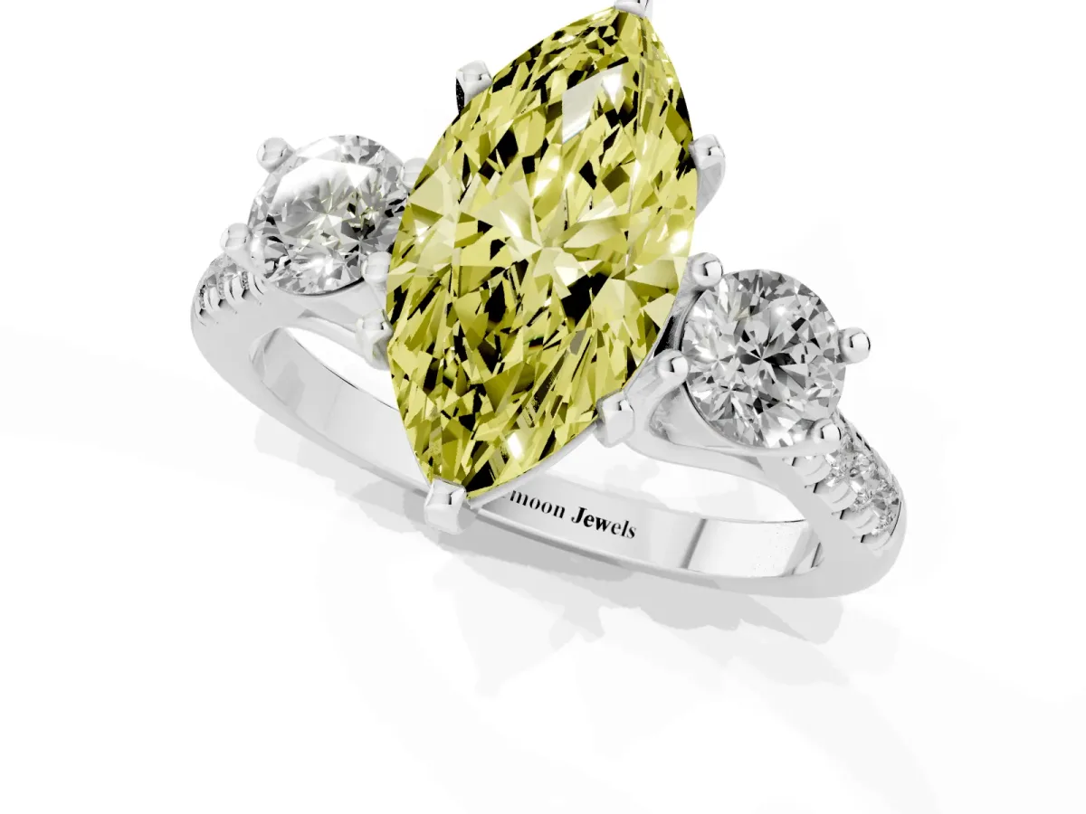 Fancy Yellow Three-Stone Marquise Cut Diamond Pavé Band with Four-Prong Setting Silver