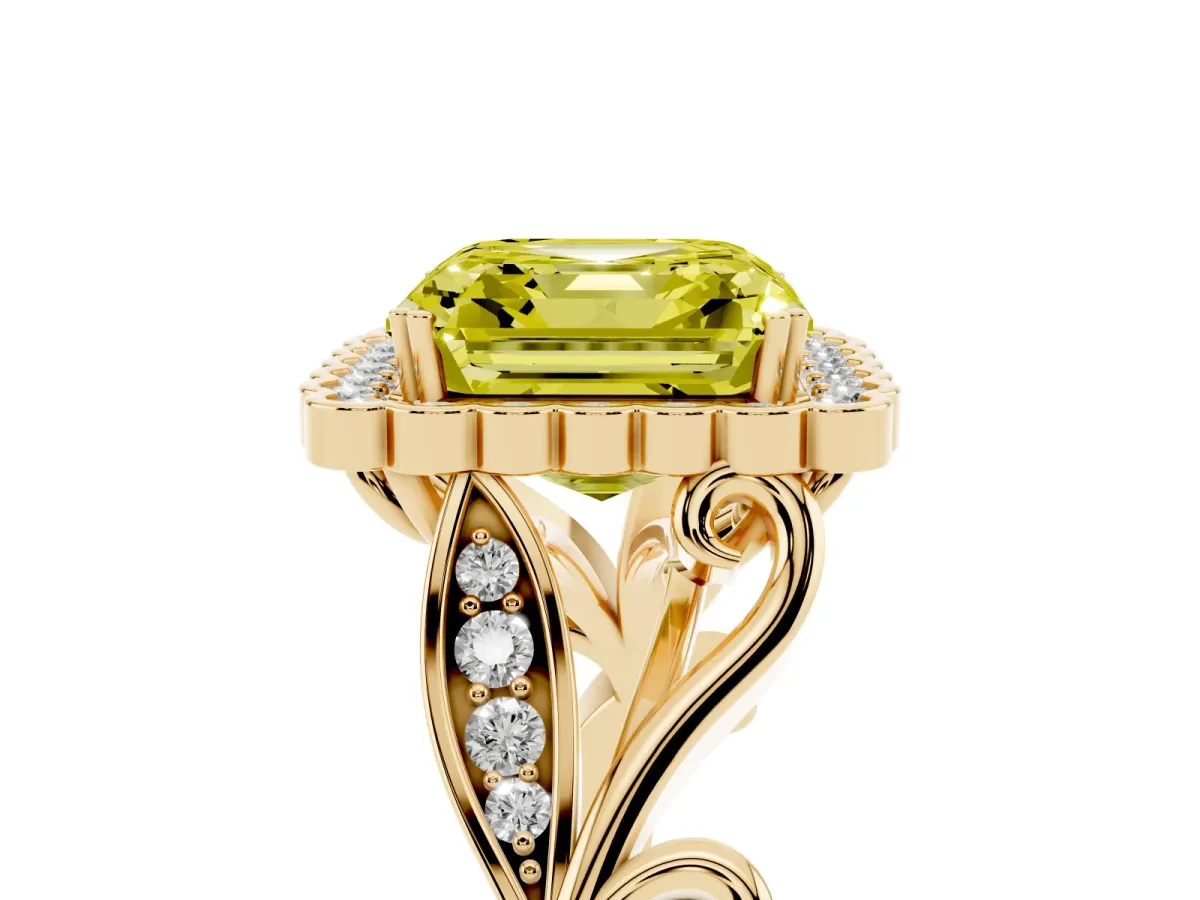 Fancy Yellow Asscher Cut Diamond Halo Ring with Vintage Split Shank and Four-Prong Setting Yellow gold