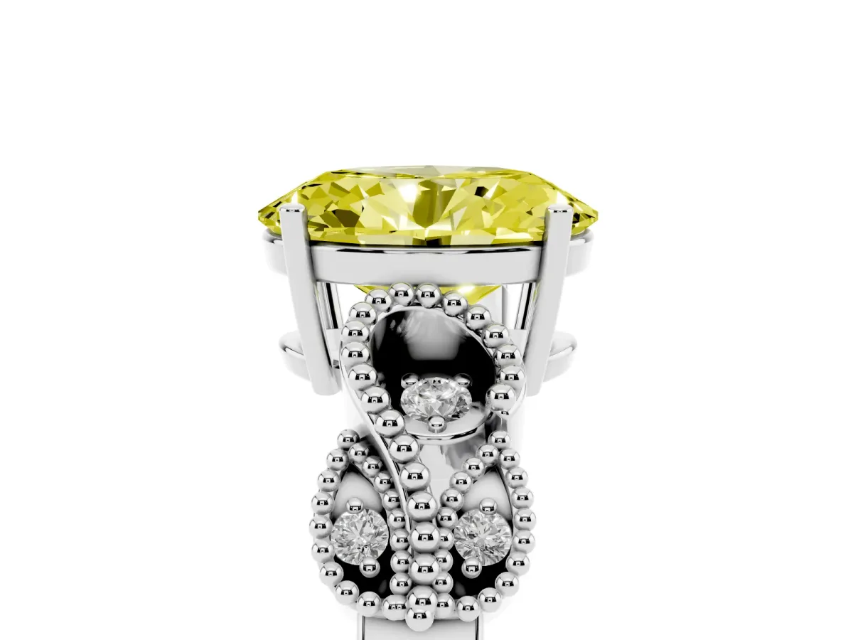 Fancy Yellow Oval Cut Solitaire Milgrain Leaf Band with Prong Setting White gold