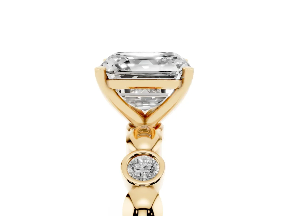 Asscher Cut Solitaire Bezel-Set Diamond Ring with Beaded Band and Four-Prong Setting Yellow gold