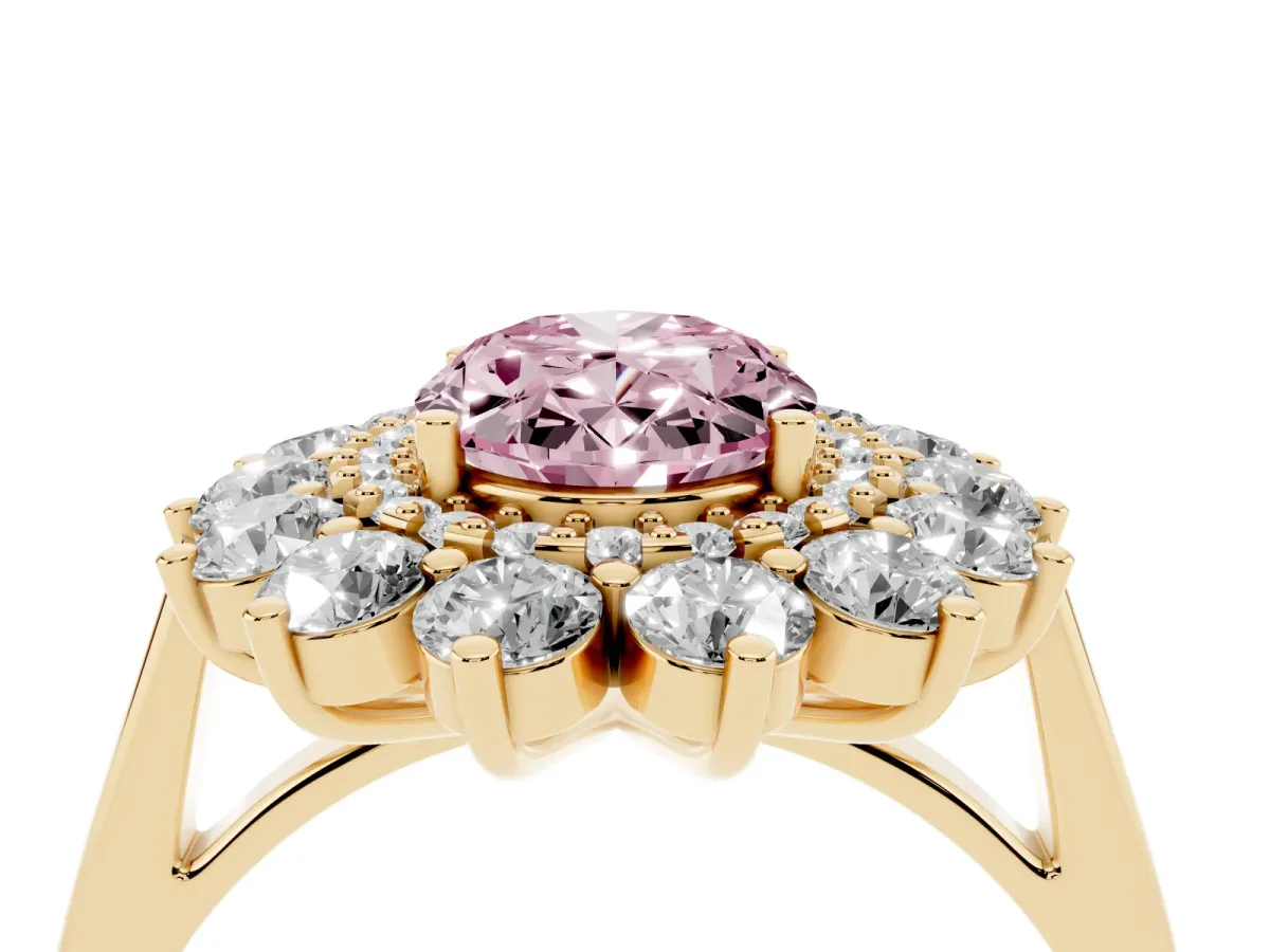 Fancy Pink Oval Cut Diamond Floral Double Halo Engagement Ring with Prong Setting Yellow gold