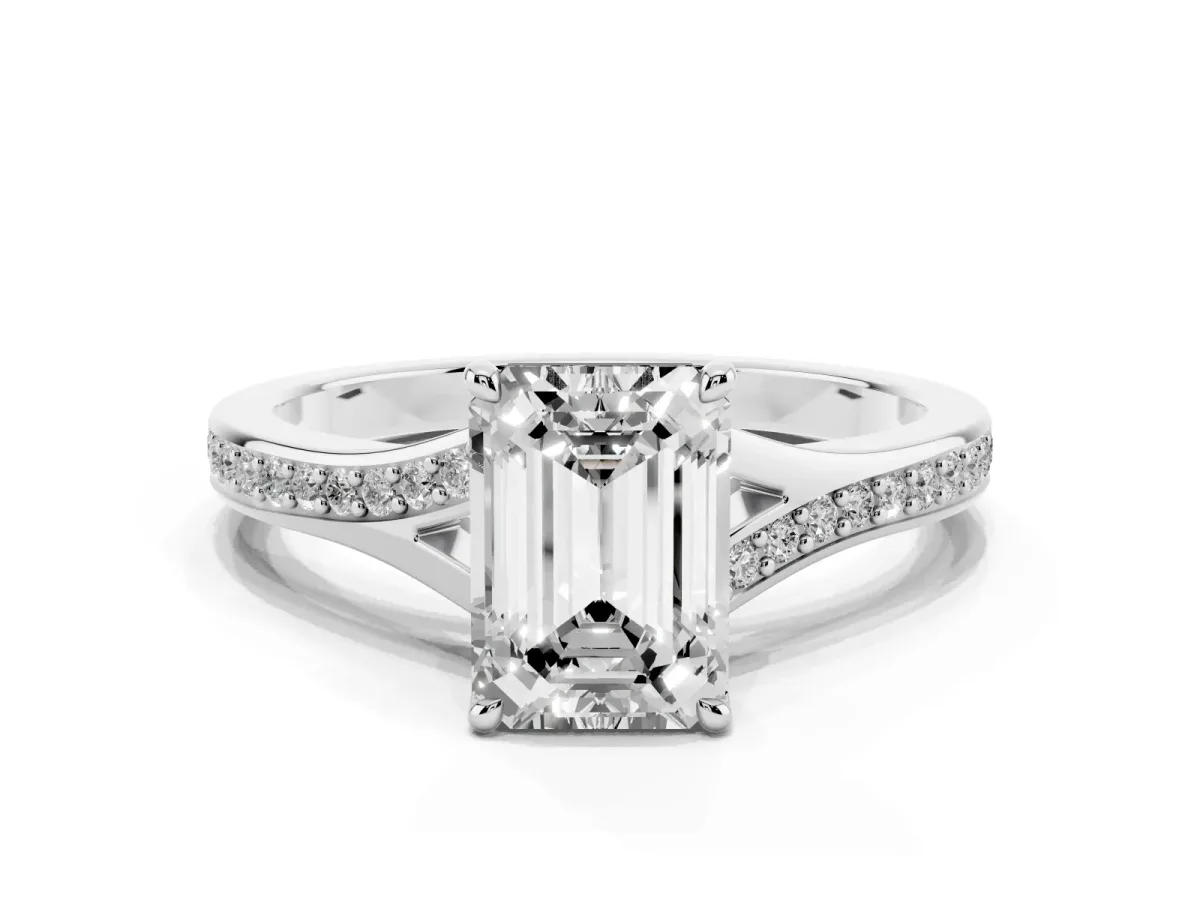 Emerald Cut Diamond Solitaire Ring with Pavé Band and Prong Setting Silver