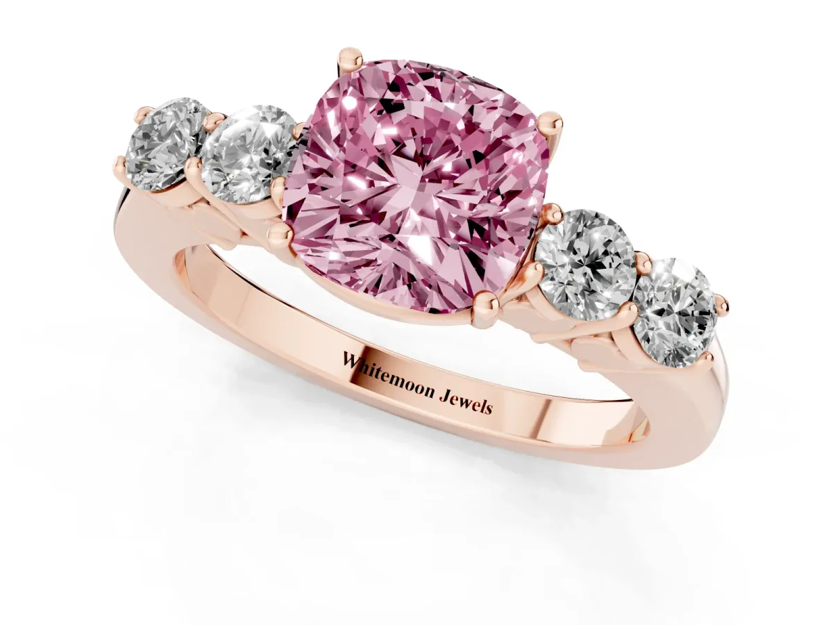 Fancy Pink Cushion Cut Cut Diamond Five-Stone Prong Set White Gold Ring Rose gold