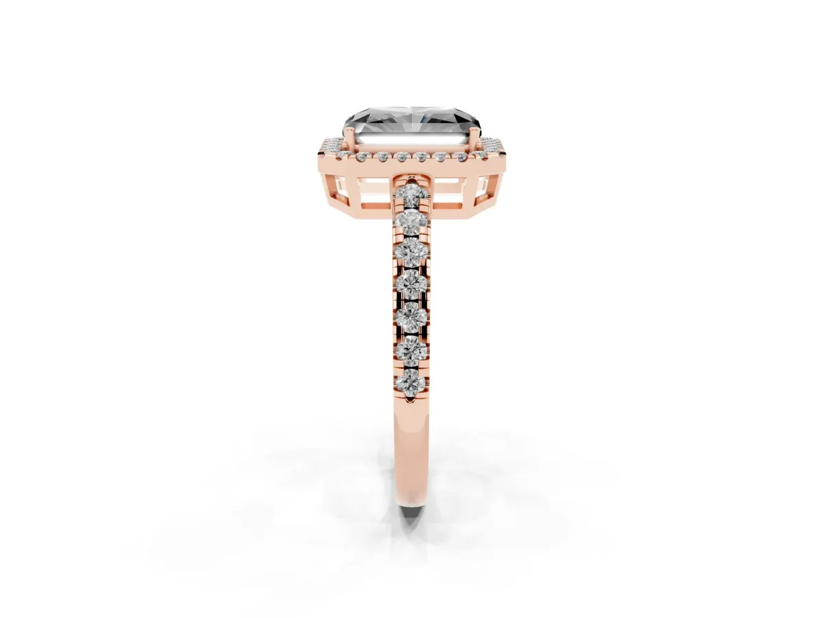 Fancy Black Radiant Cut Diamond Halo Ring with Pavé Band and Four-Prong Setting Rose gold