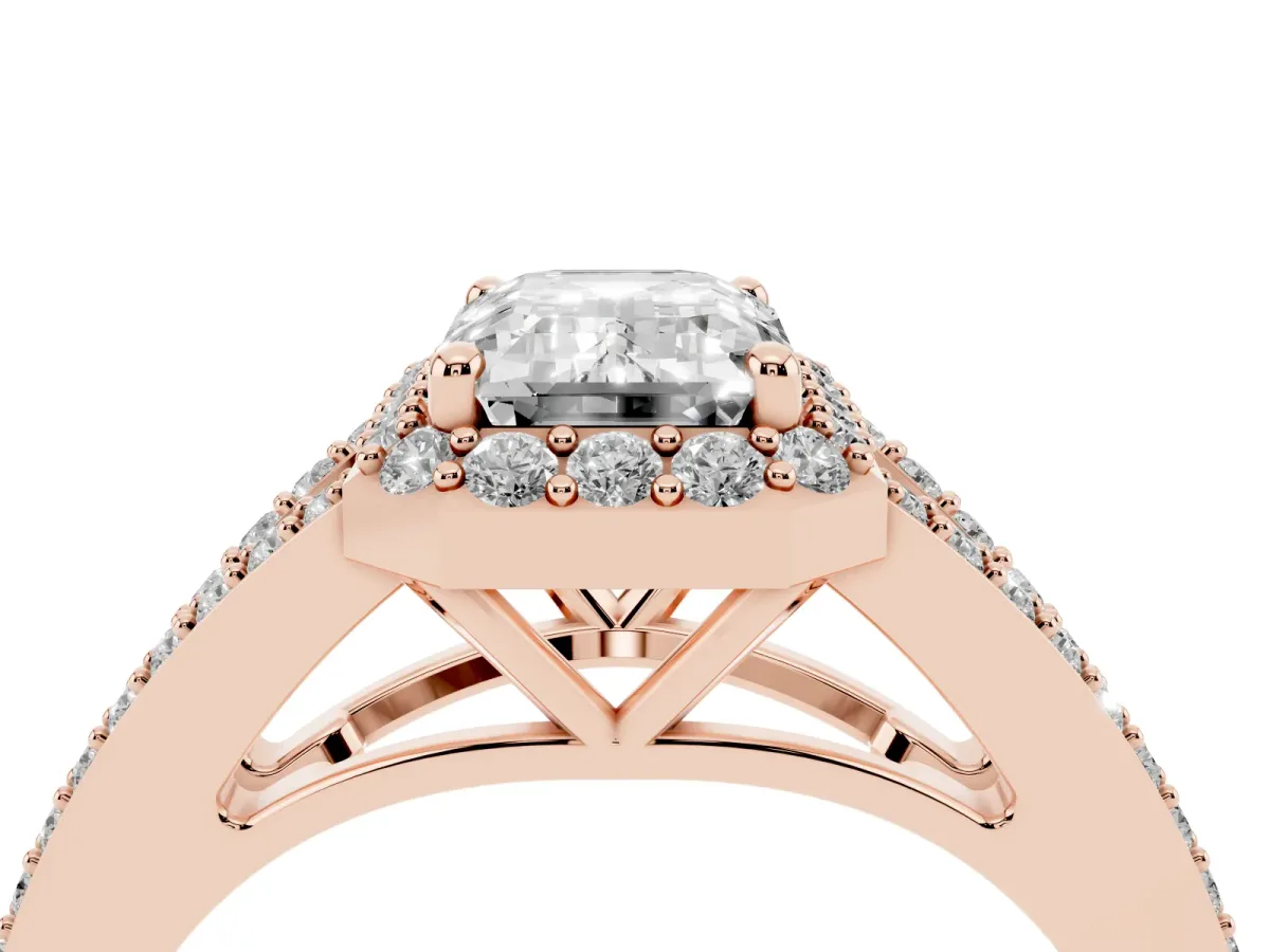 Emerald Cut Halo Split Shank Diamond Ring with Prong Setting Rose gold