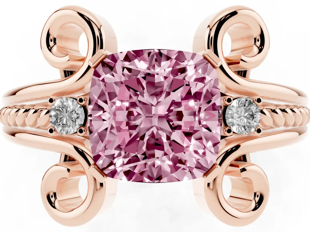 Fancy Pink Cushion Cut Solitaire Twisted Band Scroll Prong Ring Rose gold