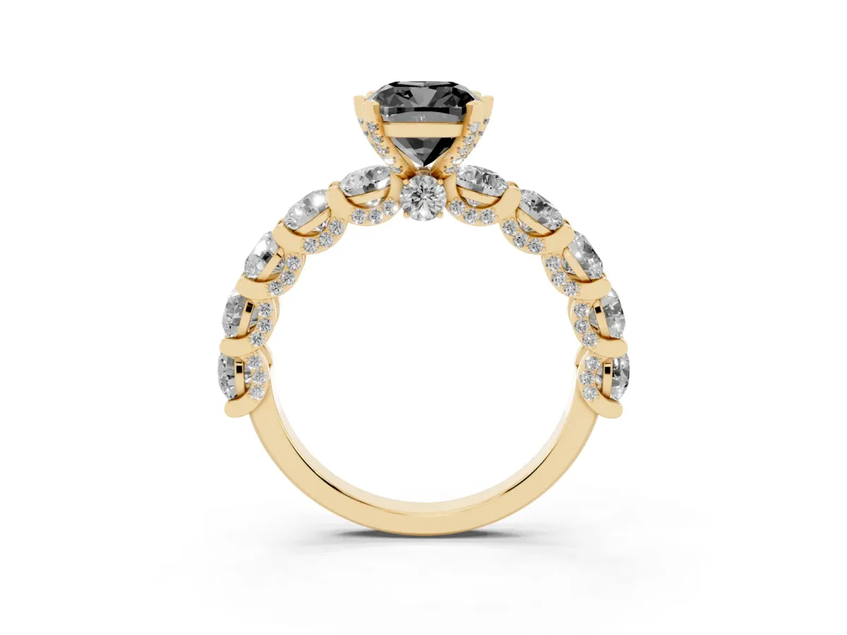 Fancy Black Cushion Cut Diamond Side Stone Engagement Ring with Four-Prong Setting Yellow gold