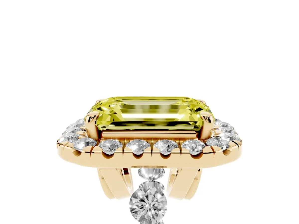 Fancy Yellow Emerald Cut Halo Pavé Diamond Engagement Ring with Four-Prong Setting Yellow gold