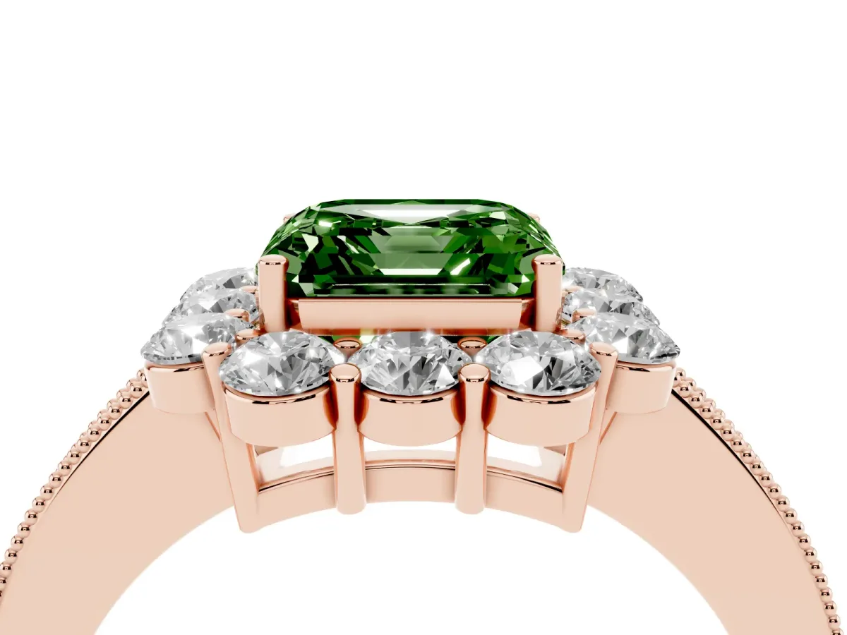Fancy Green Asscher Cut Cut Halo Diamond Pavé Engagement Ring with Milgrain Detailing Rose gold