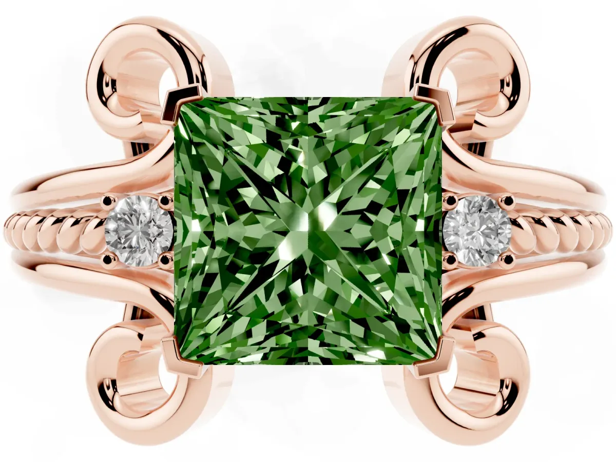 Fancy Green Princess Cut Solitaire Twisted Band Scroll Prong Ring Rose gold