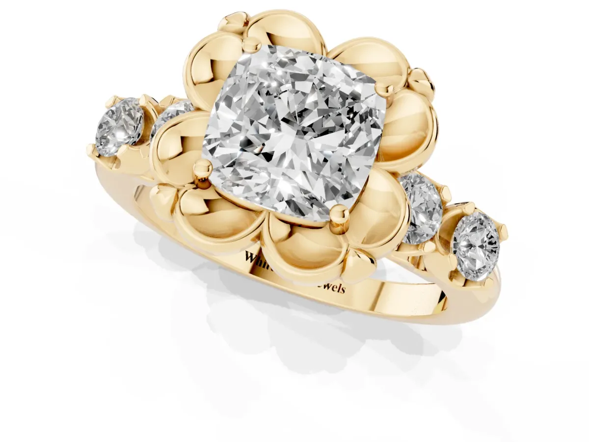 Cushion Cut Cut Diamond Floral Halo Engagement Ring with Shared Prong Setting Yellow gold