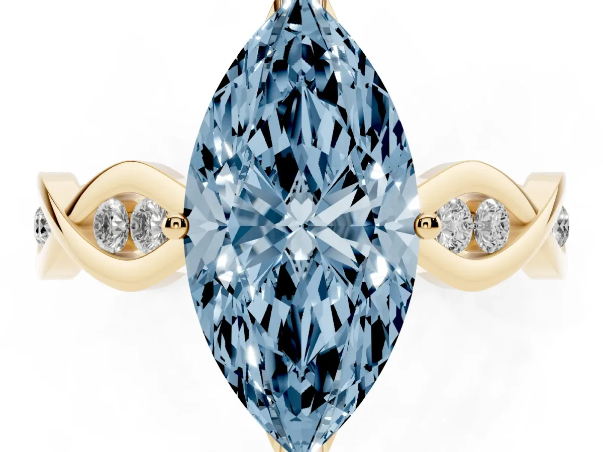 Fancy Blue Marquise Cut Solitaire Twist Band with Leaf Prong Setting Yellow gold