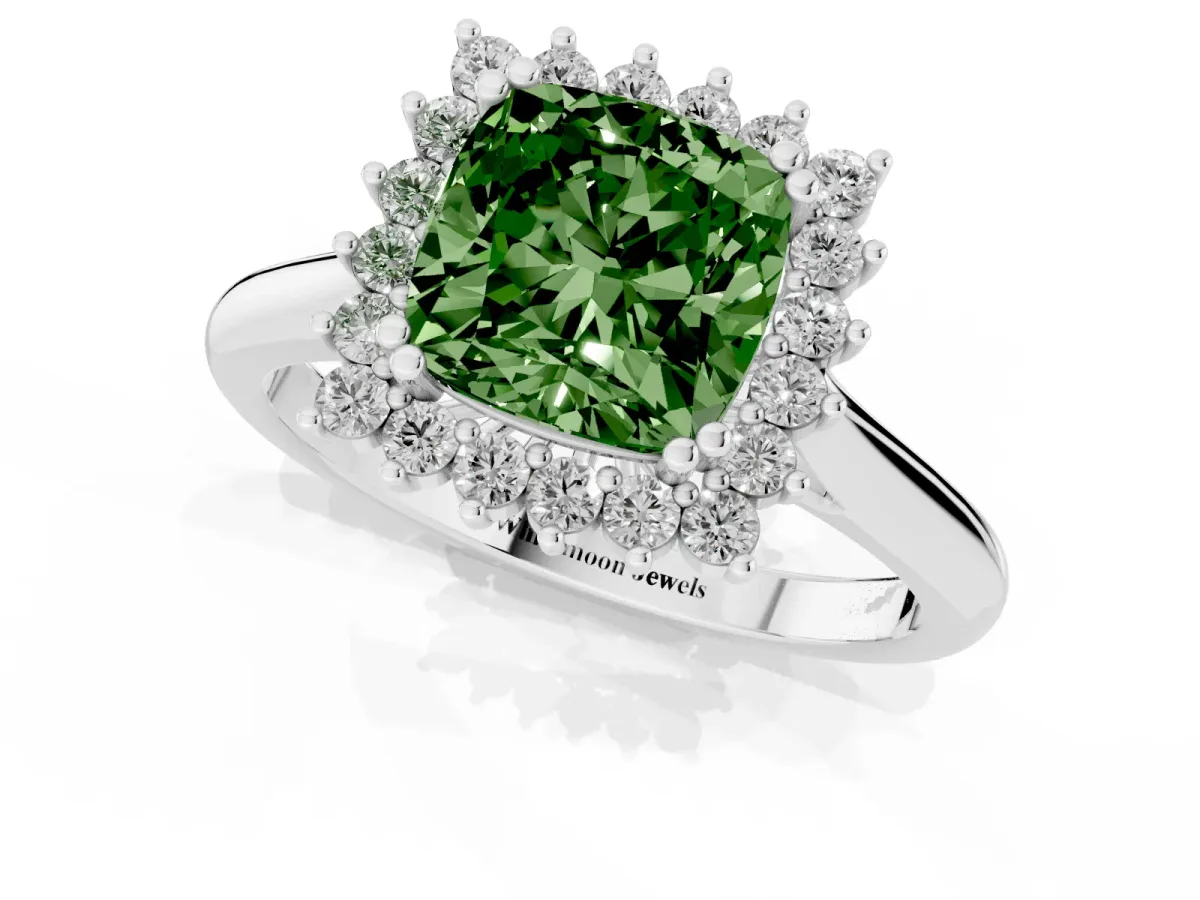 Fancy Green Cushion Cut Cut Diamond Halo Ring with Solitaire Band and Prong Setting Silver