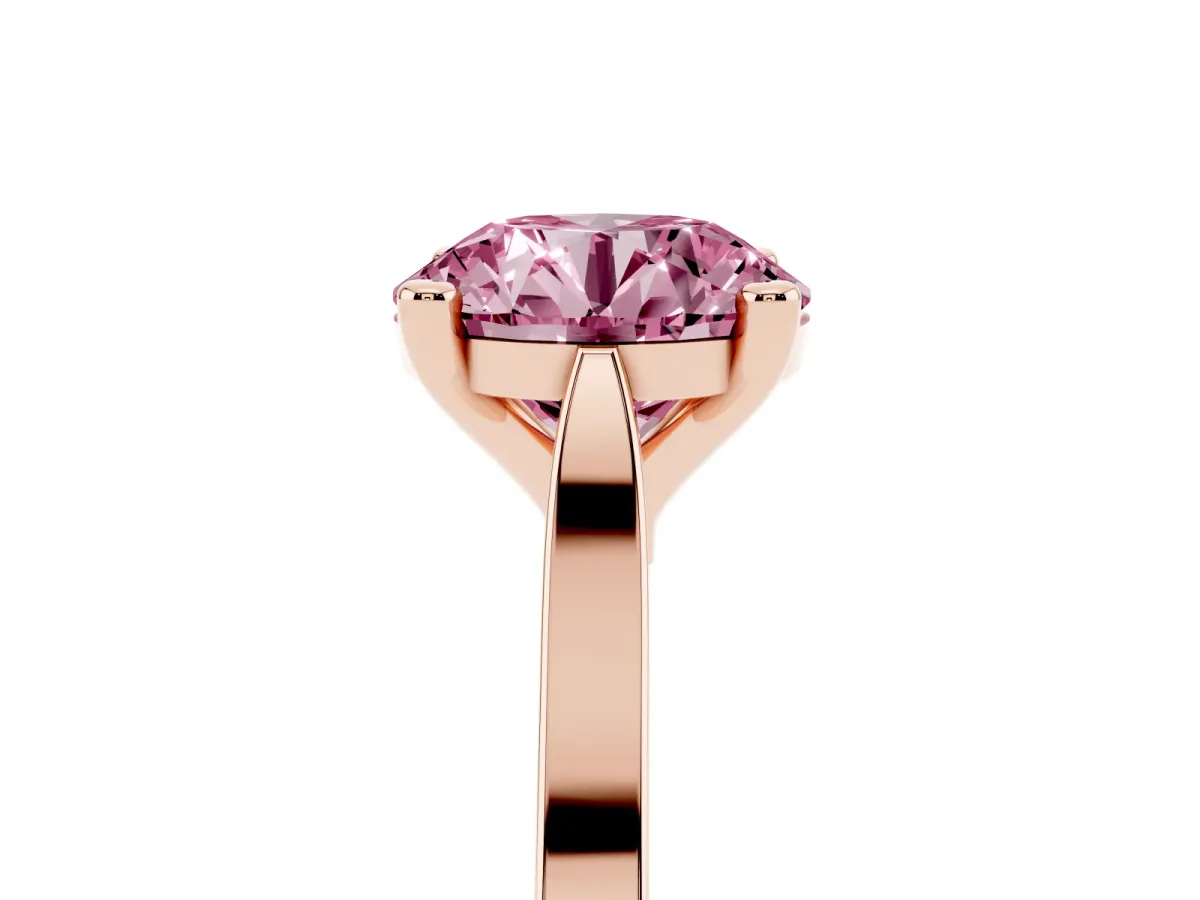 Fancy Pink Round Cut Solitaire Diamond Ring with Four-Prong Setting and Tapered Band Rose gold
