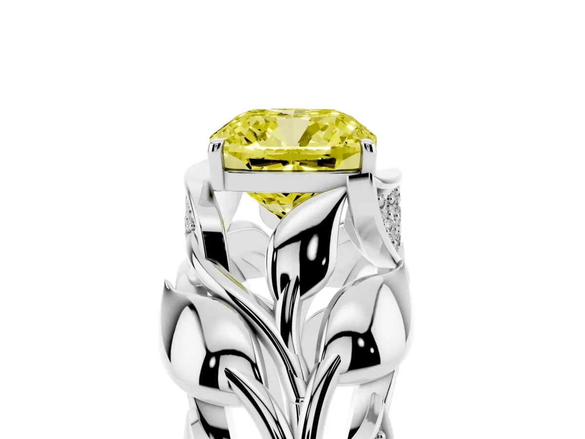 Fancy Yellow Cushion Cut Diamond Leaf-Inspired Engagement Ring with Round Accents and Prong Setting Platinum