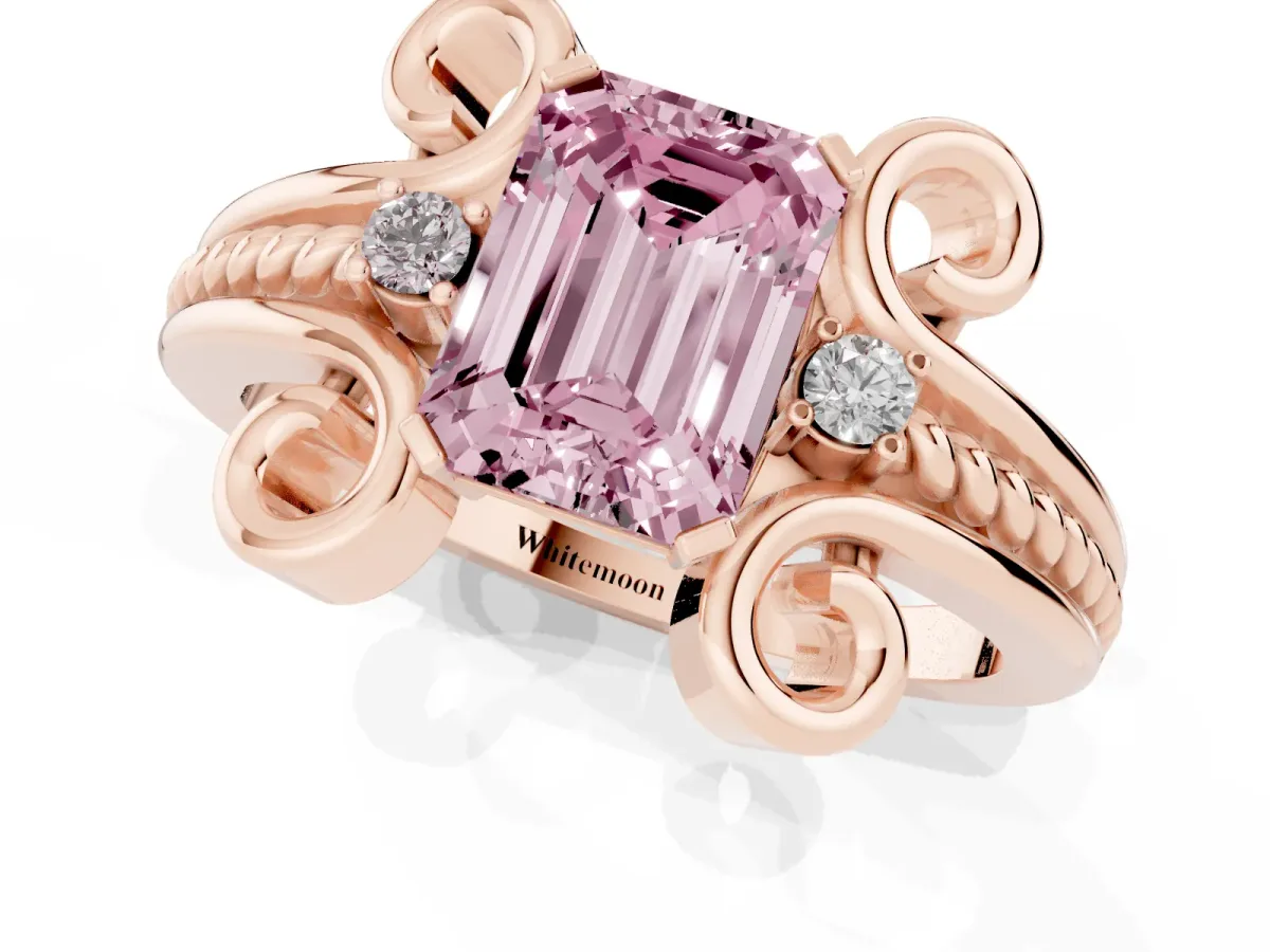 Fancy Pink Emerald Cut Solitaire Twisted Band Scroll Prong Ring Rose gold