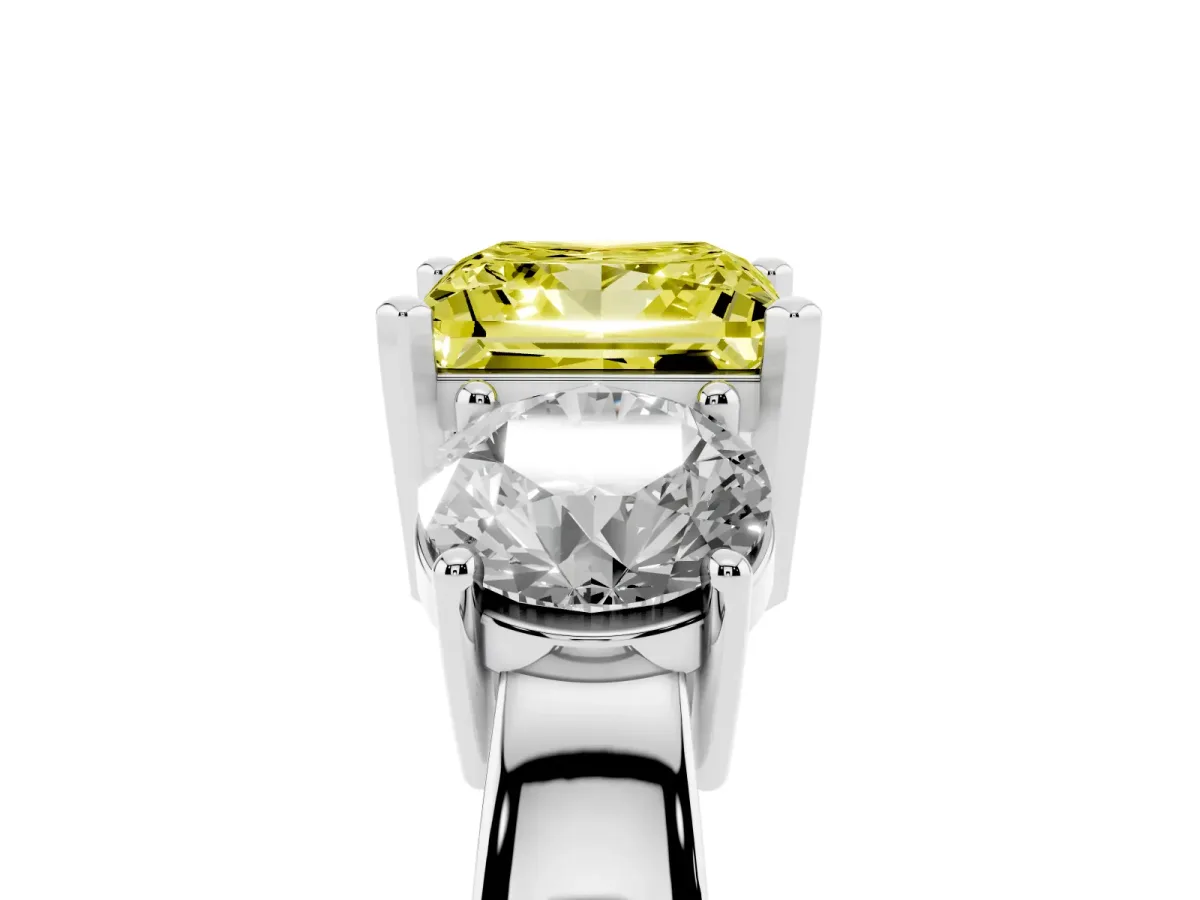 Fancy Yellow Three-Stone Princess Cut Diamond Ring with Round Side Stones, Classic Band, and Four-Prong Setting Platinum