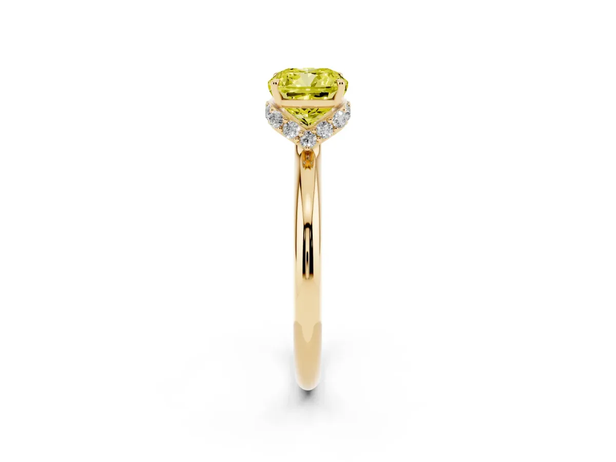 Fancy Yellow Cushion Cut Brilliant Solitaire Engagement Ring with Six-Prong Setting and Classic Band Yellow gold